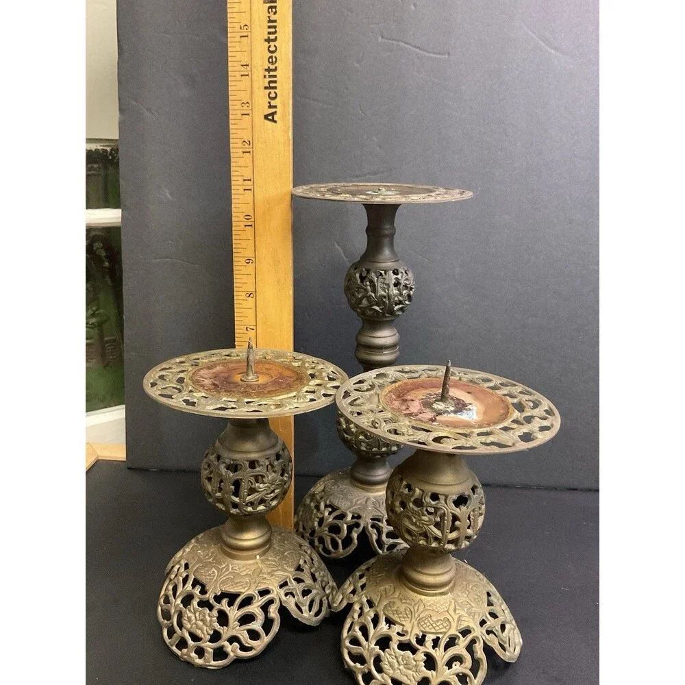 Vintage MCM Brass Filigree Set Of Candle Holders Pedestal